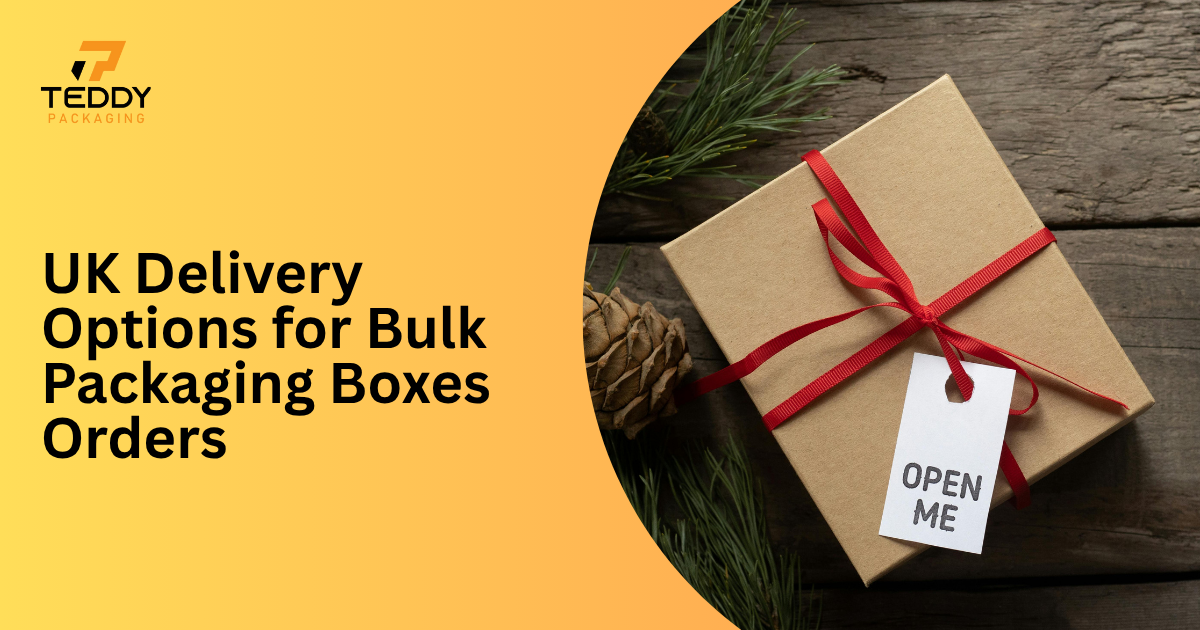 Bulk packaging boxes being delivered across the UK with eco-friendly and express shipping options.