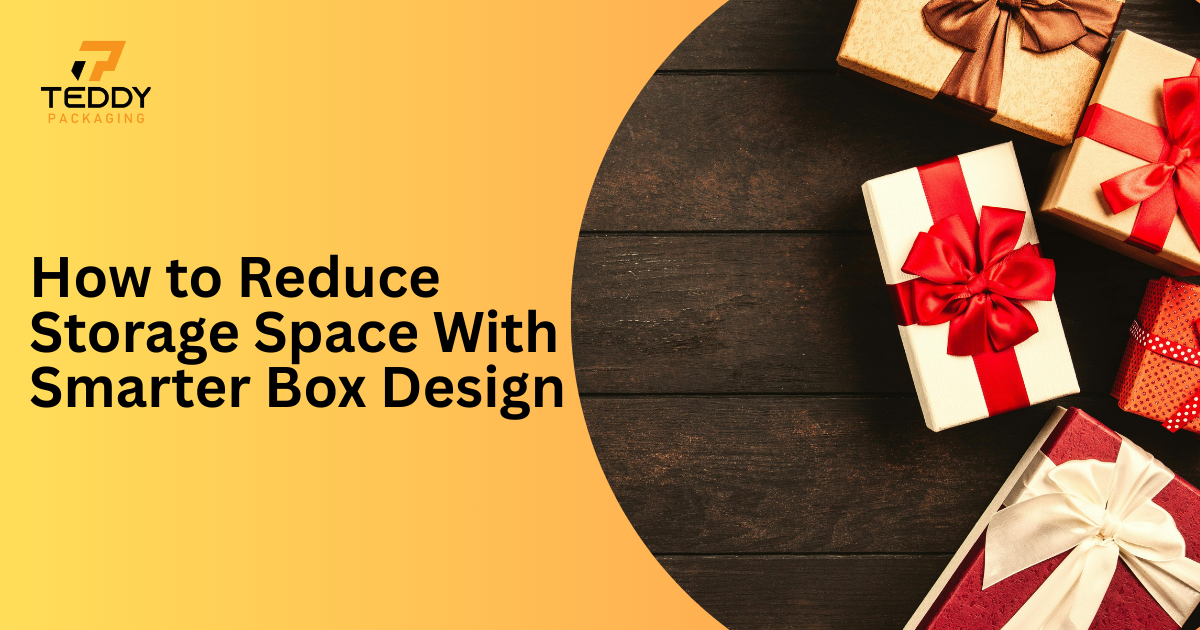 Smarter box design showing compact packaging boxes stacked efficiently to reduce storage space in a UK warehouse